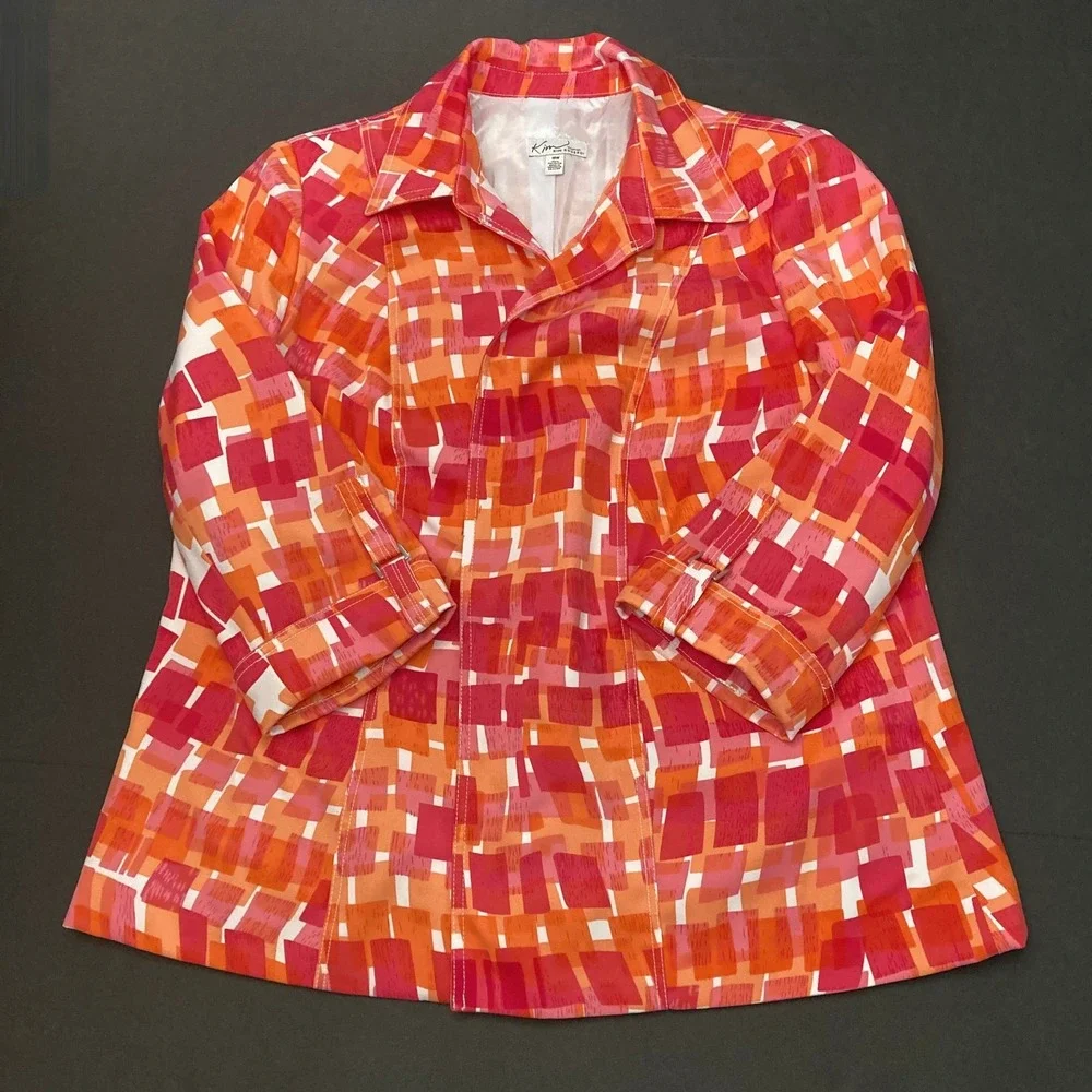 Vtg Kim Rogers Blazer Jacket Geometric Colorful Roll Tab Sleeve Womens 18W Plus